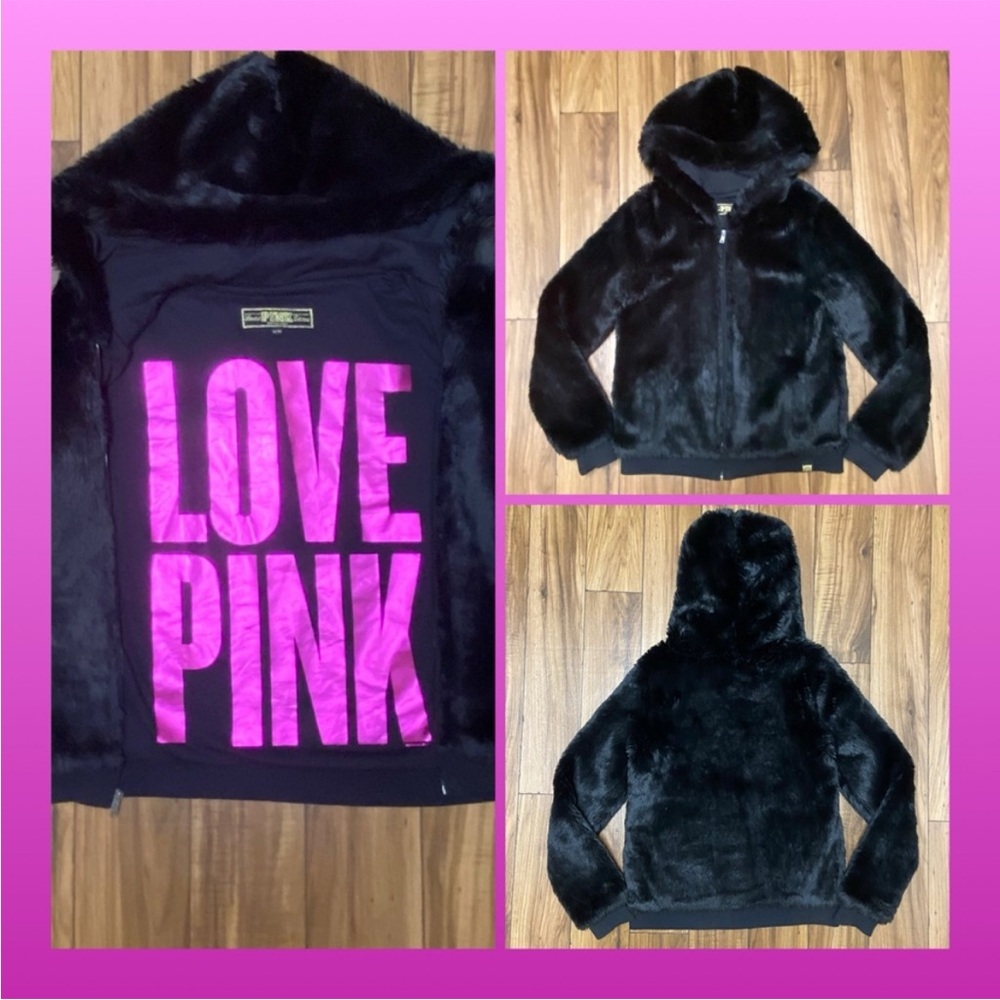 PINK VS LIMITED EDITION BLACK PLUSH FAUX FUR HOODIE COAT JACKET